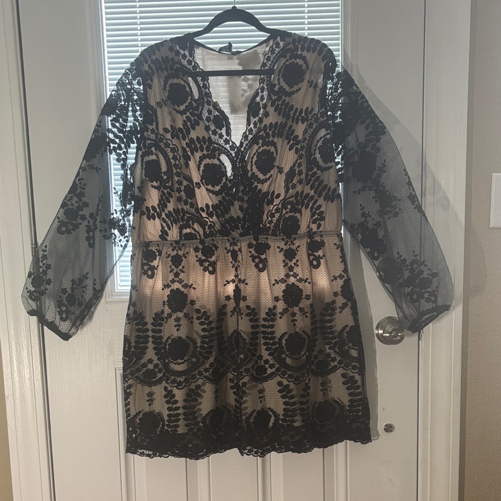 Black Plunge Neck Babydoll Dress with Bishop Sleeves